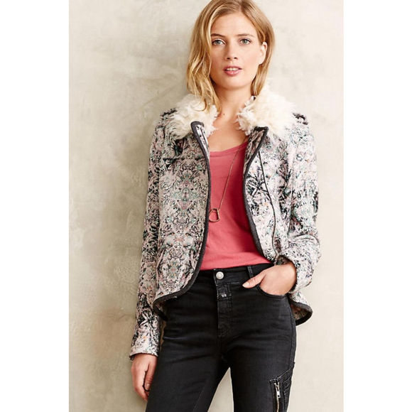 Anthropologie Elevenses paisley moto jacket pastel pink penny lane fur collar 2 - Picture 8 of 8